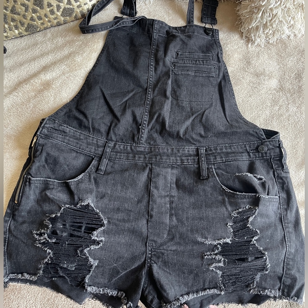 Express short overalls distressed little stretch faded black